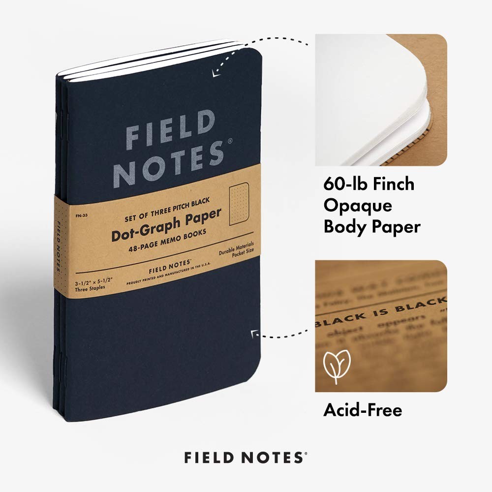 Field Notes Pitch Black Memo Book, Graph Paper, 3.5 x 5.5 Inches, Pack of 3