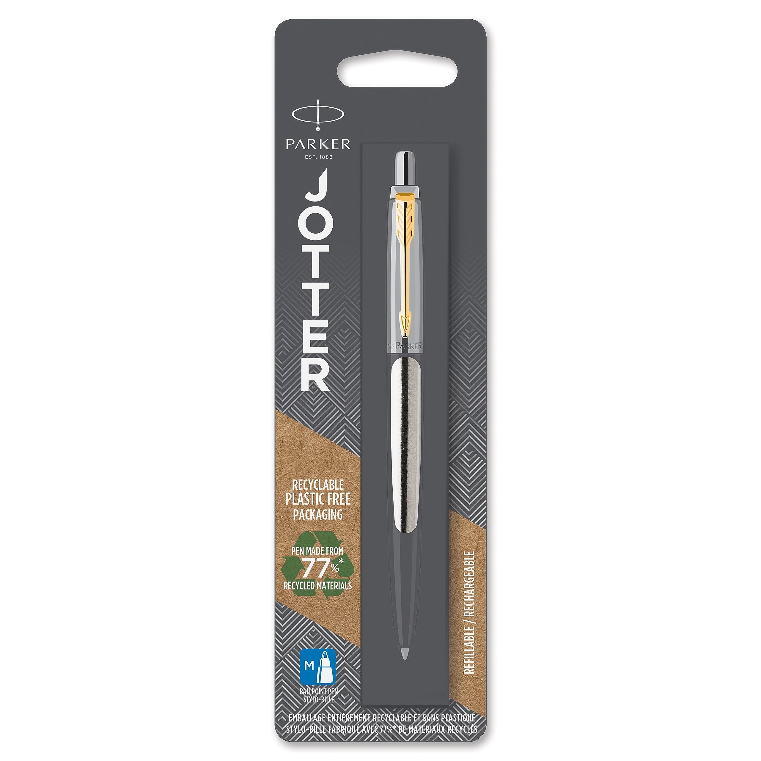 Parker Jotter Ballpoint Pen, Stainless Steel, Medium Point, Refillable