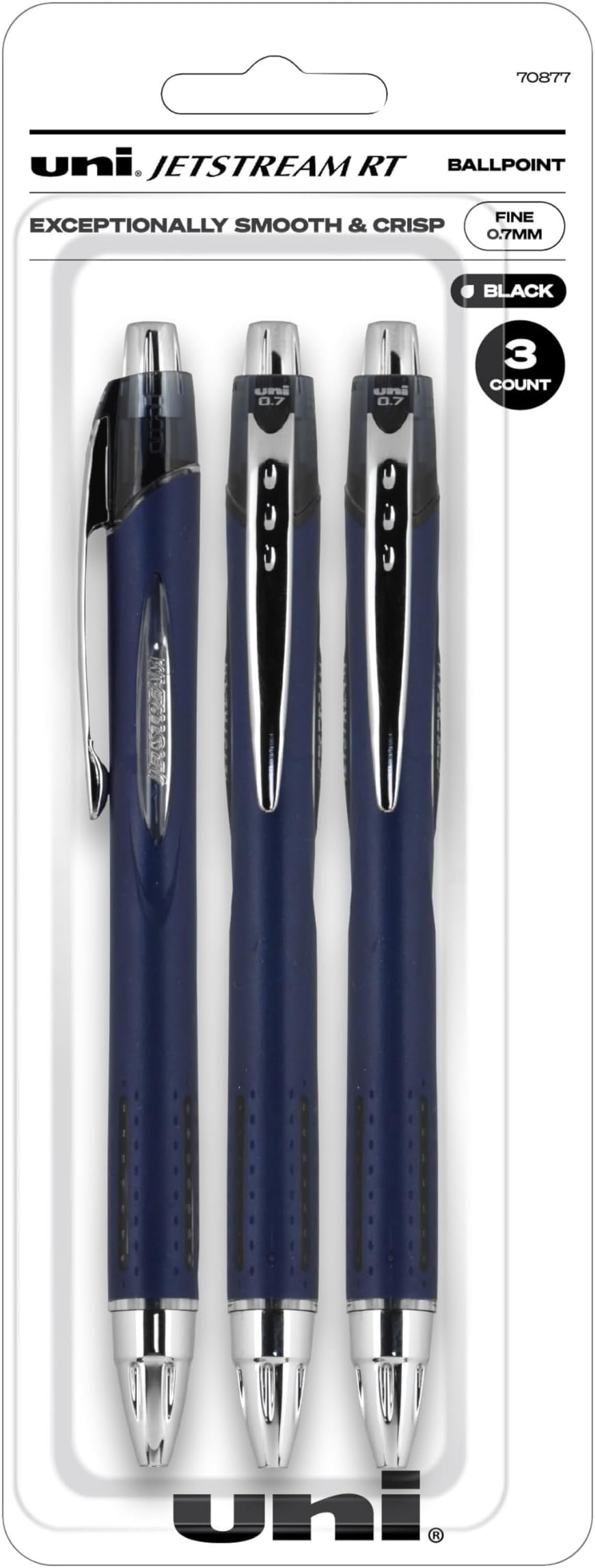 Uni-ball Jetstream Ballpoint Pens, 0.7 mm, Black Ink, Pack of 3